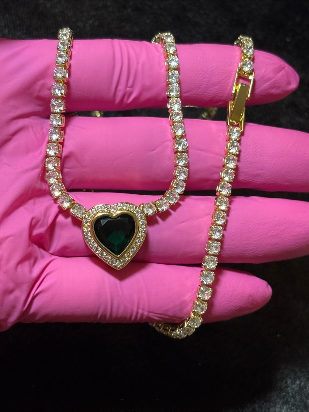 3.2mm Yellow Gold Emerald Green Heart Halo CZ Tennis Necklace 19in. - Picture 8 of 16